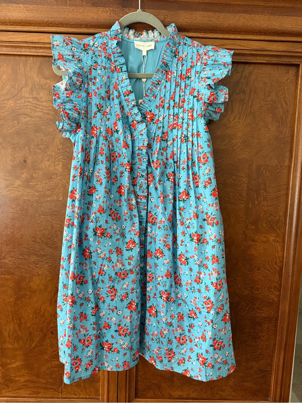 entro Sky-Blue Floral Ruffle Girls' Dress with Red print with pockets